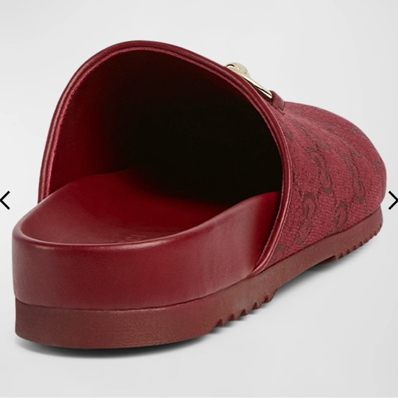 Gucci "Sol" monogram cotton canvas mules with golden bit strap /color burgundy - Picture 6 of 15